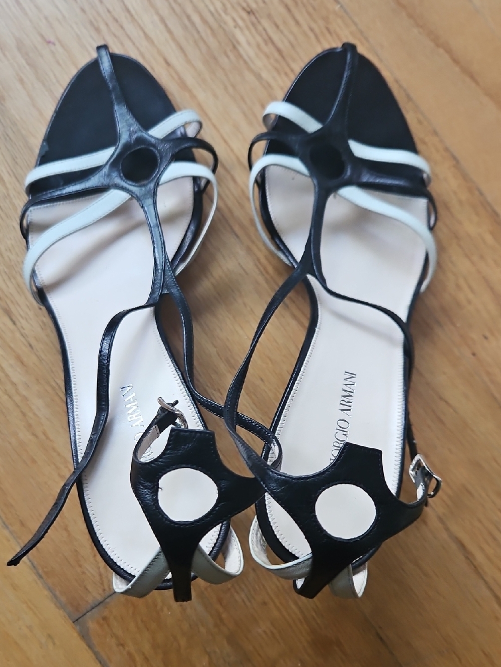 Giorgio Armani Black and White Circular Cutout Strappy Sandals